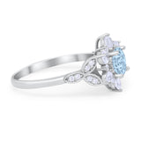Floral Wedding Cluster Ring Simulated Aquamarine CZ 925 Sterling Silver