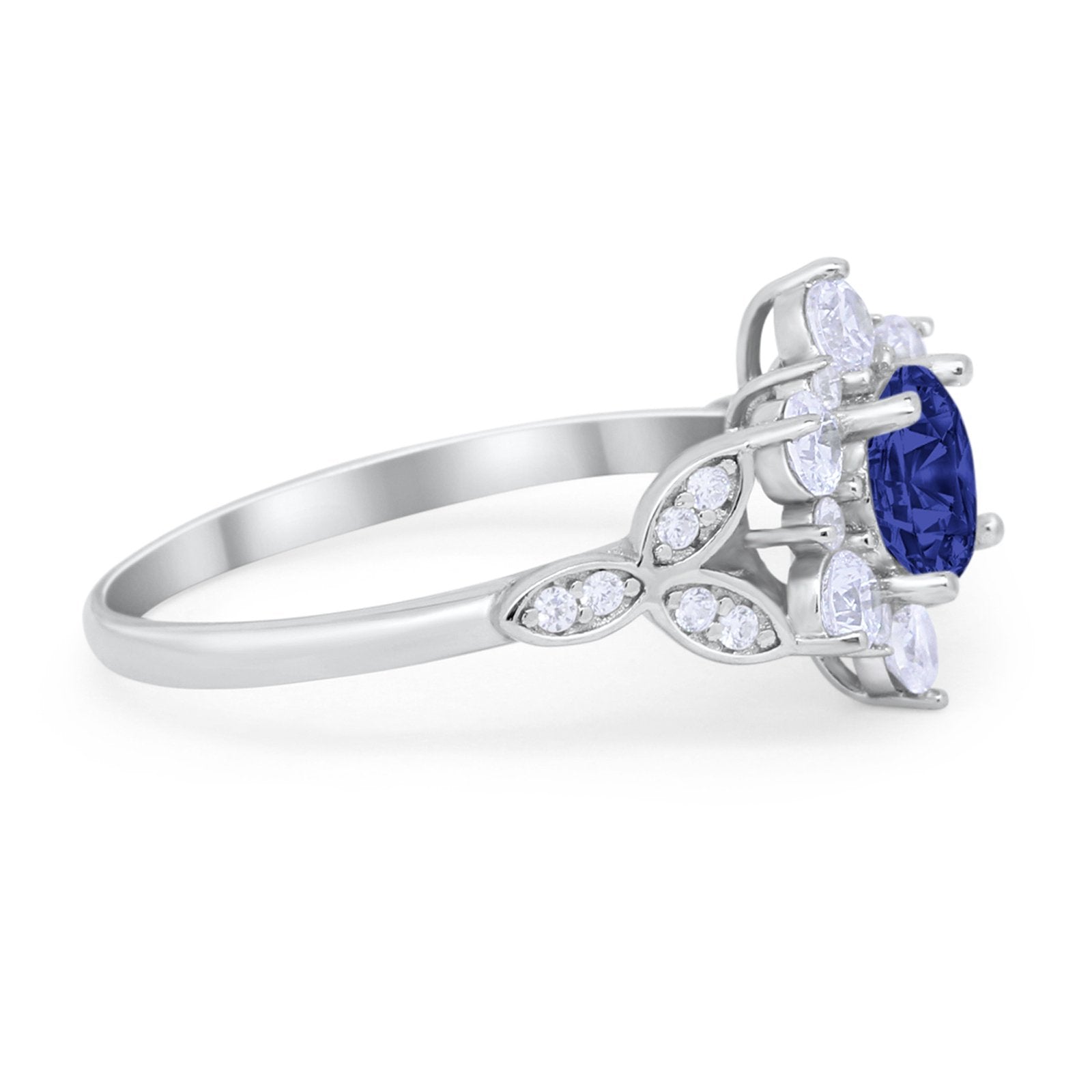 Floral Wedding Cluster Ring Simulated Blue Sapphire CZ 925 Sterling Silver