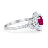 Floral Wedding Cluster Ring Simulated Ruby CZ 925 Sterling Silver