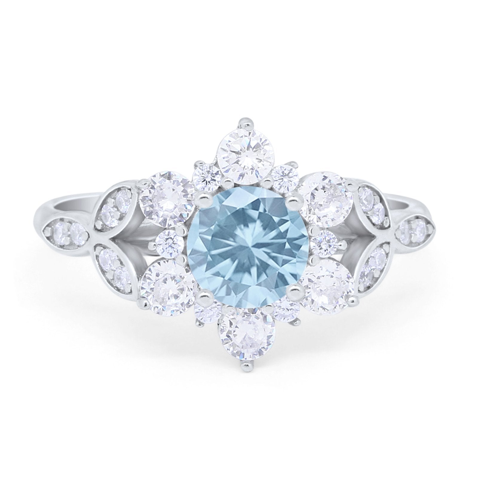 Floral Wedding Cluster Ring Simulated Aquamarine CZ 925 Sterling Silver