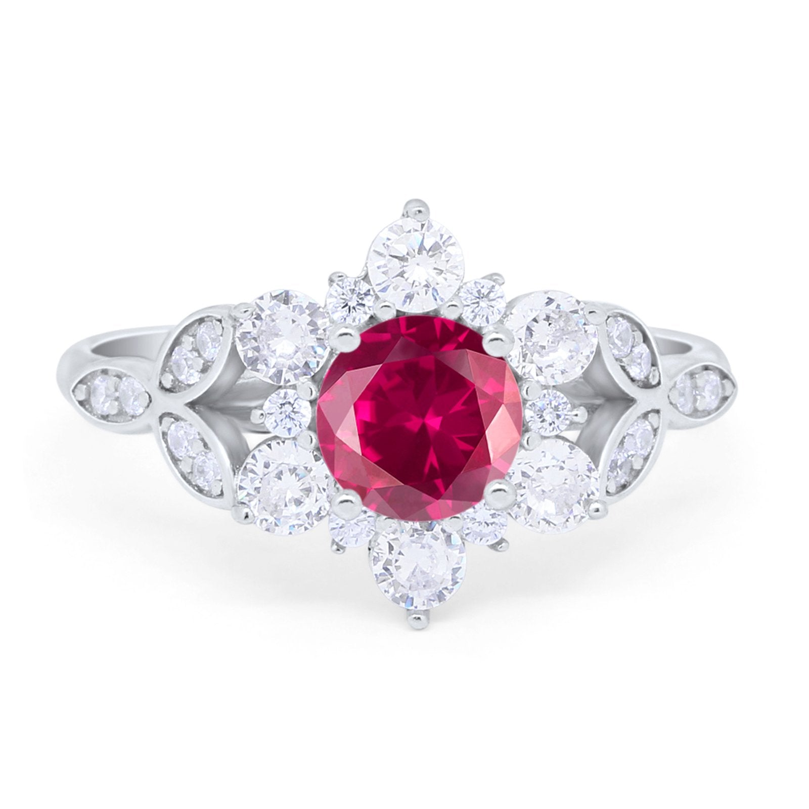 Floral Wedding Cluster Ring Simulated Ruby CZ 925 Sterling Silver