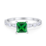 Art Deco Princess Cut Engagement Ring Simulated Green Emerald CZ 925 Sterling Silver