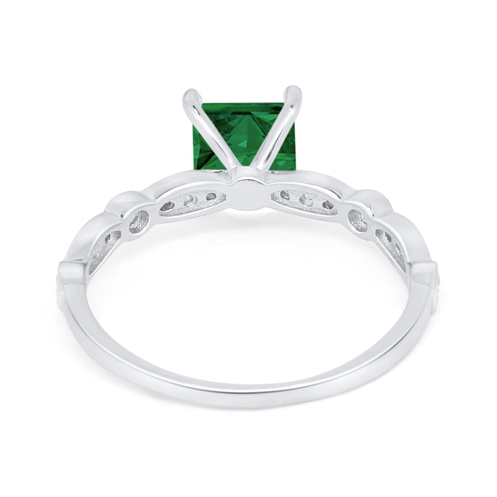 Art Deco Princess Cut Engagement Ring Simulated Green Emerald CZ 925 Sterling Silver