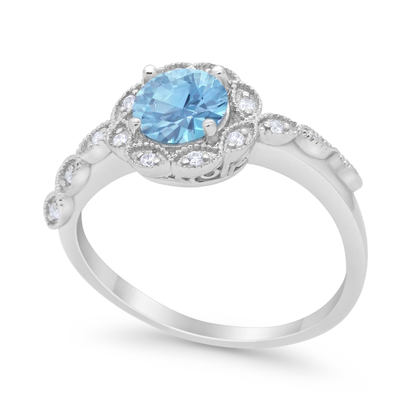 Art Deco Wedding Ring Simulated Aquamarine CZ 925 Sterling Silver
