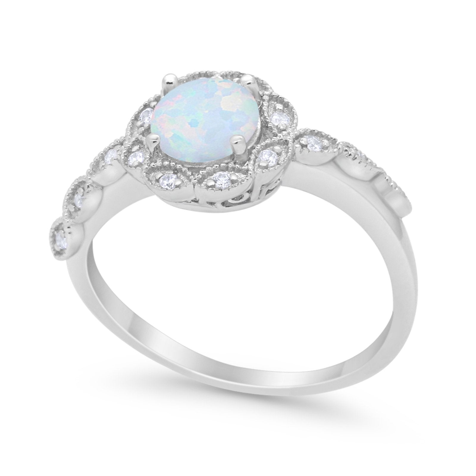 Art Deco Wedding Ring Lab Created White Opal 925 Sterling Silver