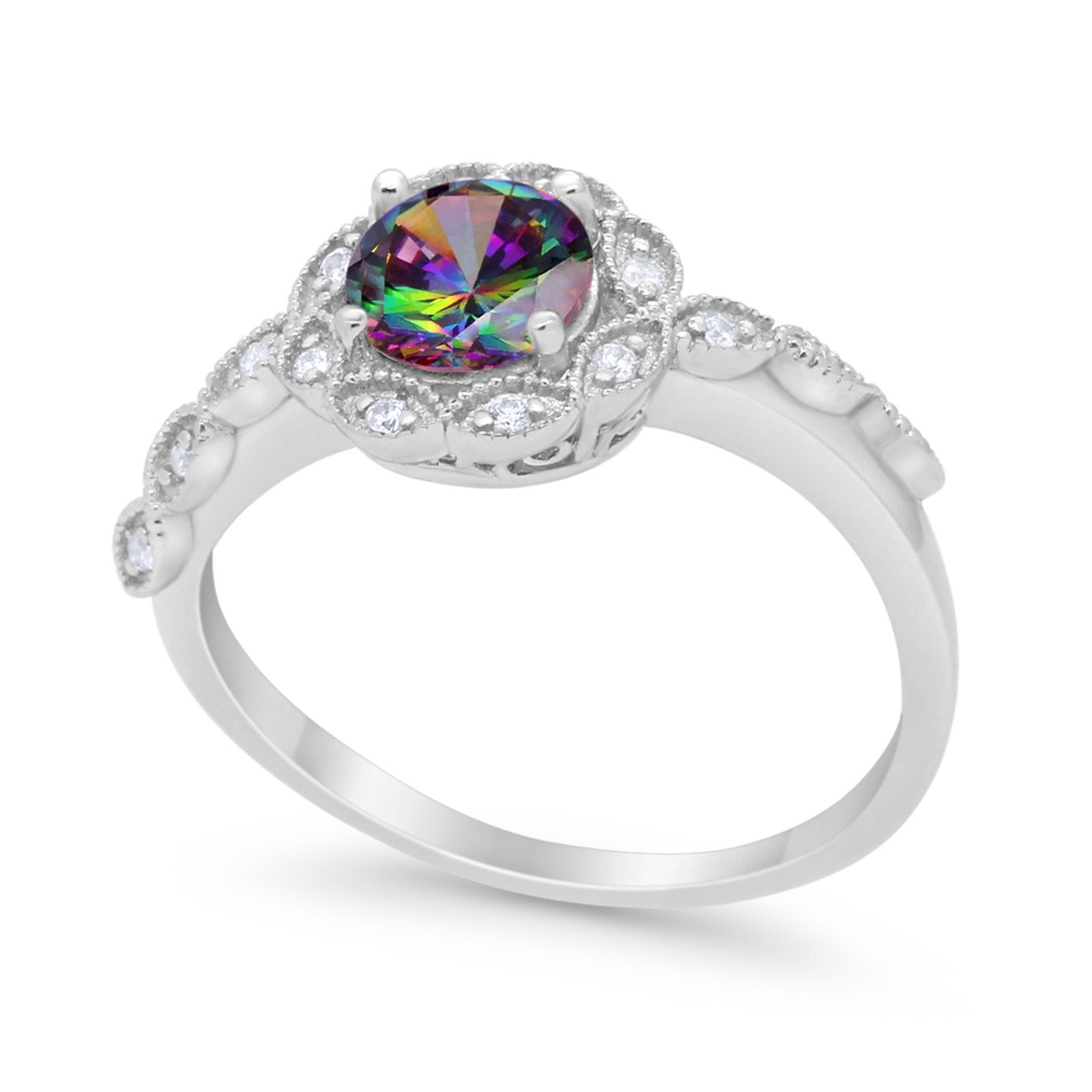 Art Deco Wedding Ring Simulated Rainbow CZ 925 Sterling Silver