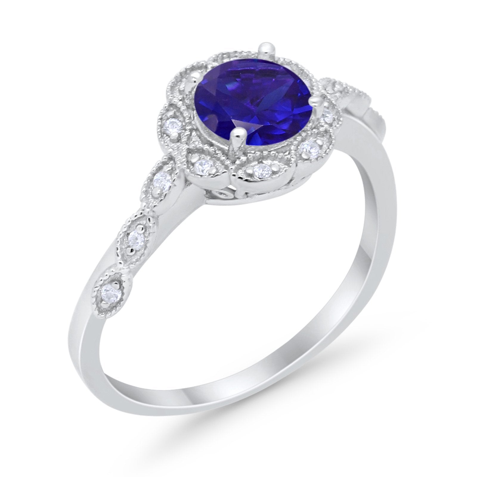Art Deco Wedding Ring Simulated Blue Sapphire CZ 925 Sterling Silver