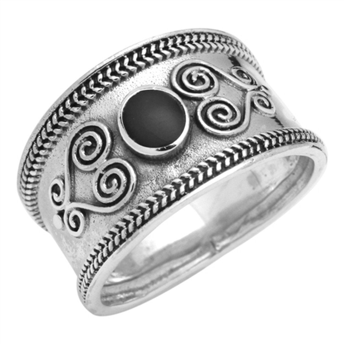 Filigree Swirl Bali Ring Simulated Onyx Stone CZ 925 Sterling Silver