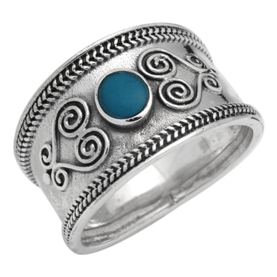 Filigree Swirl Bali Ring Simulated Blue Turquoise Stone CZ 925 Sterling Silver