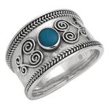 Filigree Swirl Bali Ring Simulated Blue Turquoise Stone CZ 925 Sterling Silver