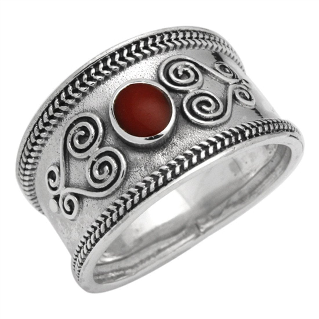 Filigree Swirl Bali Ring Simulated Coral Stone CZ 925 Sterling Silver