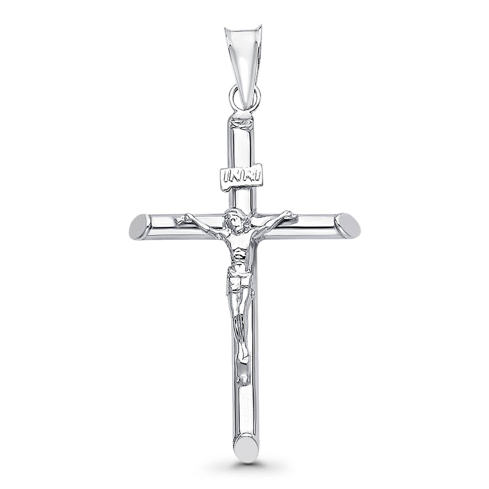 White Gold 14K Real Jesus Crucifix INRI Cross Religious Charm Pendant 1.5g