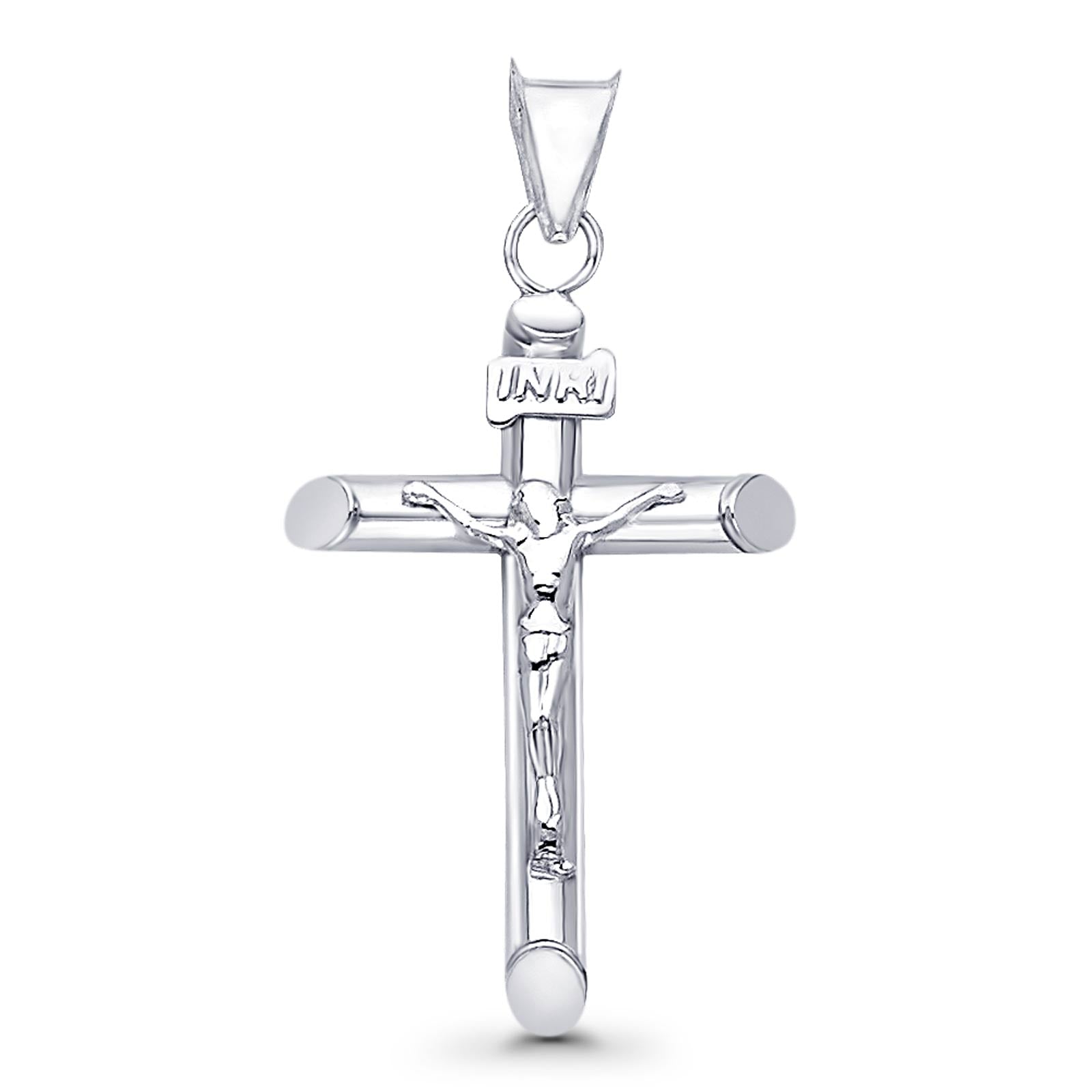 14K Real White Gold Jesus Crucifix INRI Cross Religious Charm Pendant 15X28mm