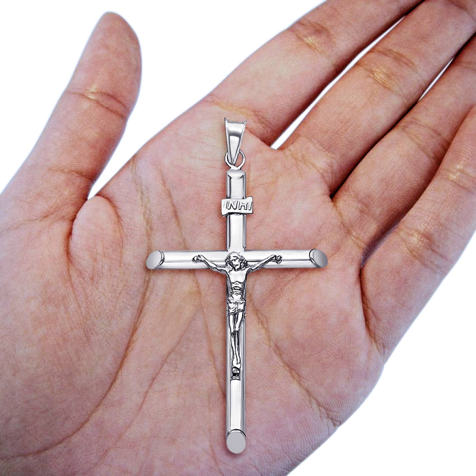White Gold 14K Real Religious Crucifix Charm Pendant 48mmX32mm 2.5grams