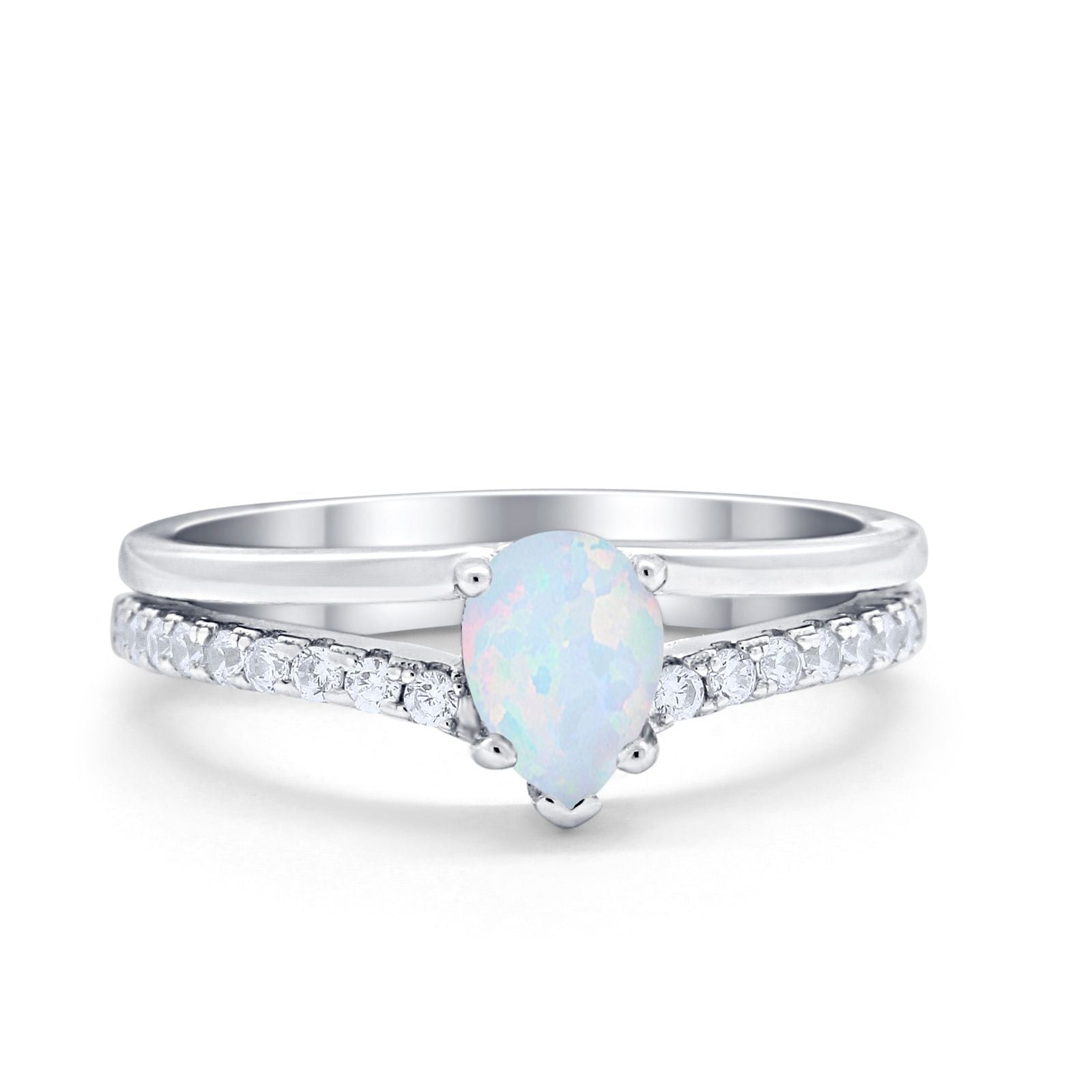 Teardrop Wedding Ring Lab Created White Opal Accent 925 Sterling Silver