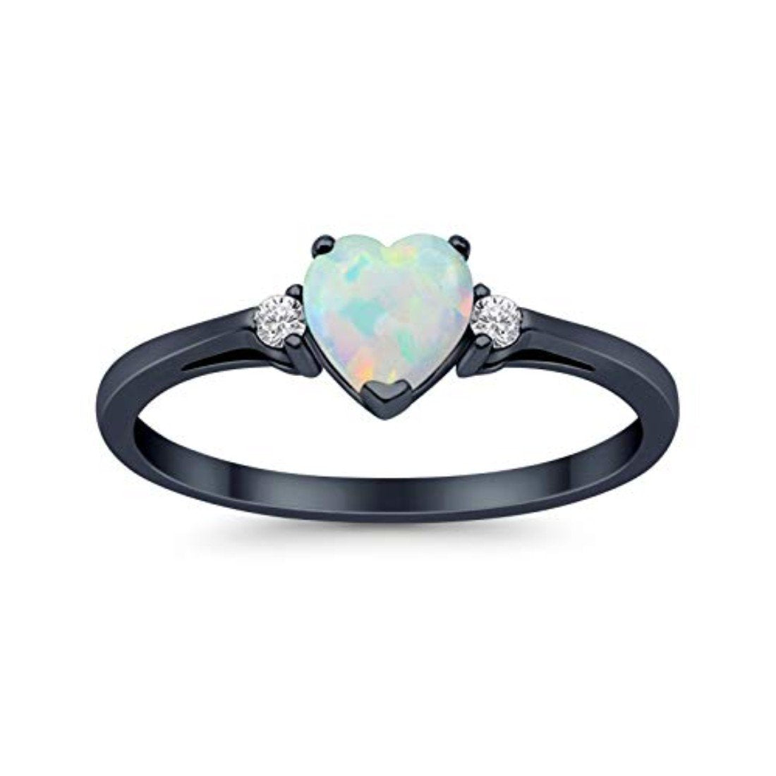 Heart Promise Black Tone, Lab Created White Opal Wedding Ring 925 Sterling Silver