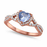 Heart Promise Ring Infinity Shank Rose Tone, Simulated Aquamarine CZ 925 Sterling Silver