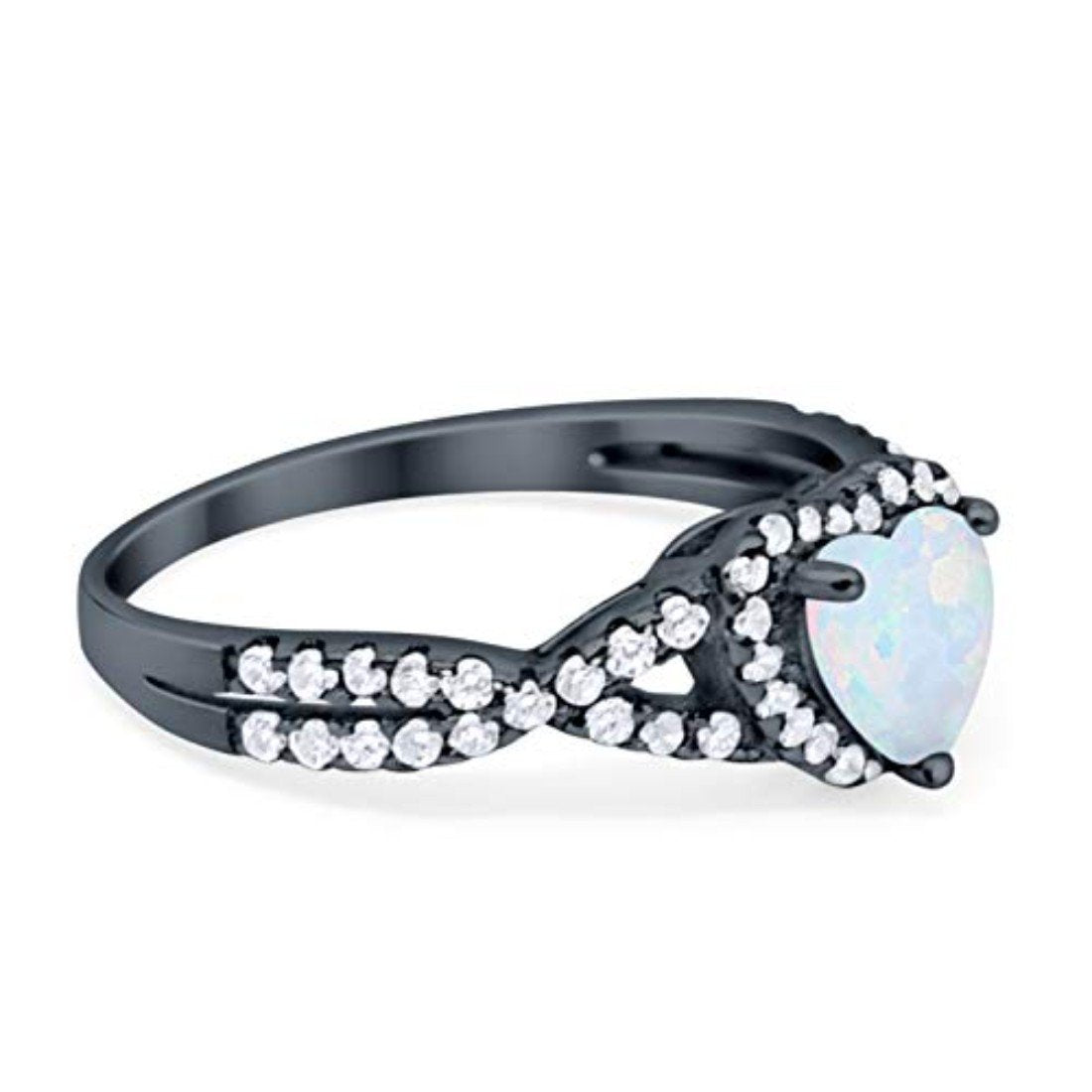 Heart Promise Ring Black Tone, Lab Created White Opal 925 Sterling Silver