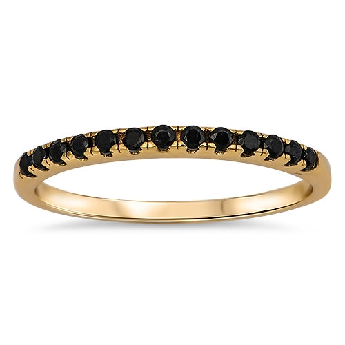 Half Eternity Wedding Ring Yellow Tone, Simulated Black Cubic Zirconia 925 Sterling Silver