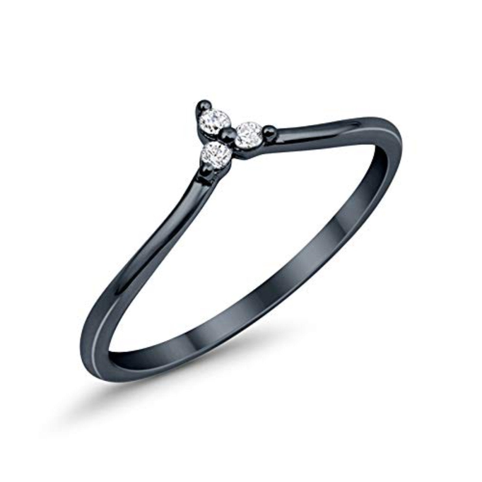 V Chevron Midi Band Round Black Tone, Simulated Cubic Zirconia 925 Sterling Silver Thumb Ring