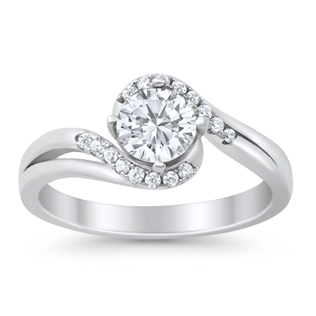 Swirl Engagement Ring Round Simulated Cubic Zirconia 925 Sterling Silver