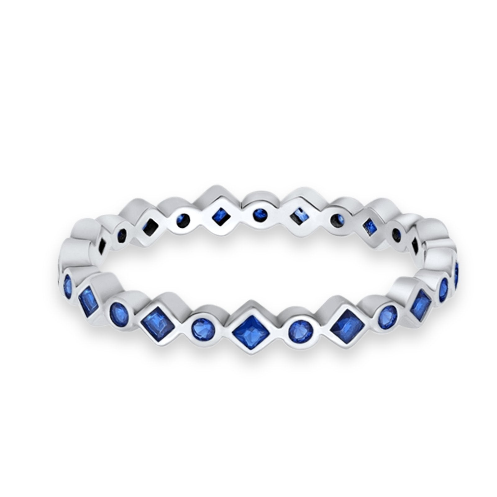 Stackable Full Eternity Art Deco Wedding Simulated Blue Sapphire CZ Ring 925 Sterling Silver