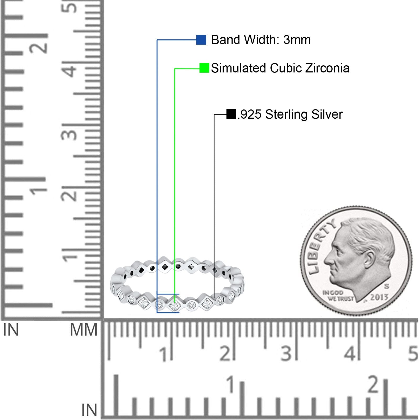 Stackable Full Eternity Simulated Cubic Zirconia Art Deco Wedding Ring 925 Sterling Silver