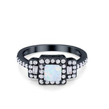 Halo Wedding Ring Princess Cut Black Tone, Lab Created White Opal 925 Sterling Silver