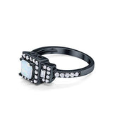 Halo Wedding Ring Princess Cut Black Tone, Lab Created White Opal 925 Sterling Silver