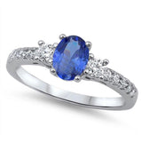 3 Stone Engagement Ring Oval Simulated Blue Sapphire CZ 925 Sterling Silver