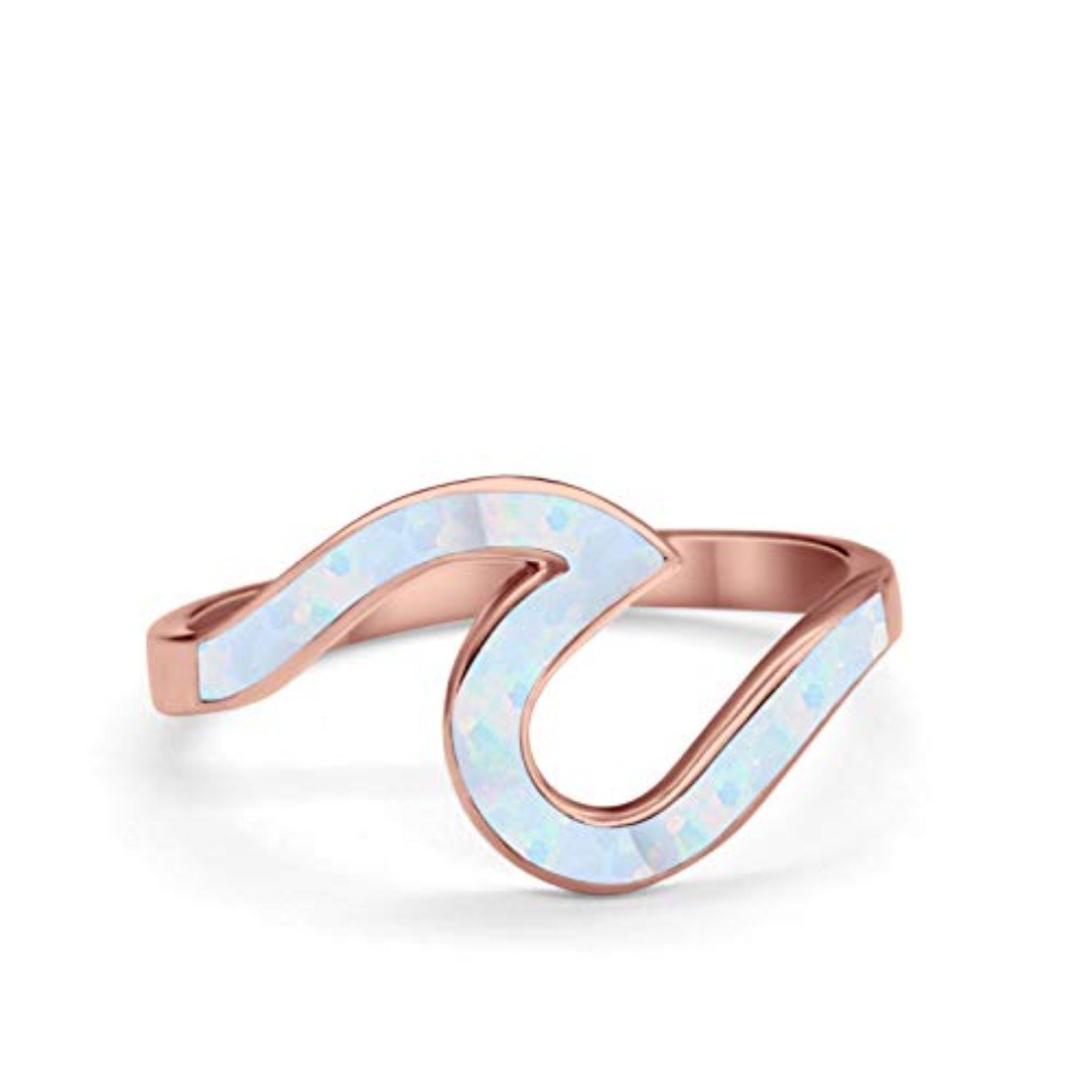 Wave Ring Band Swirl Rose Tone, Lab Created White Opal 925 Sterling Silver