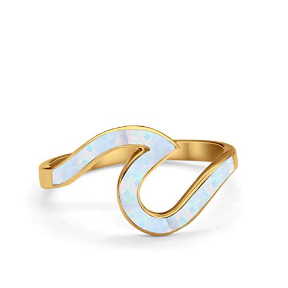 Wave Ring Band Swirl Yellow Tone, Lab Created White Opal 925 Sterling Silver