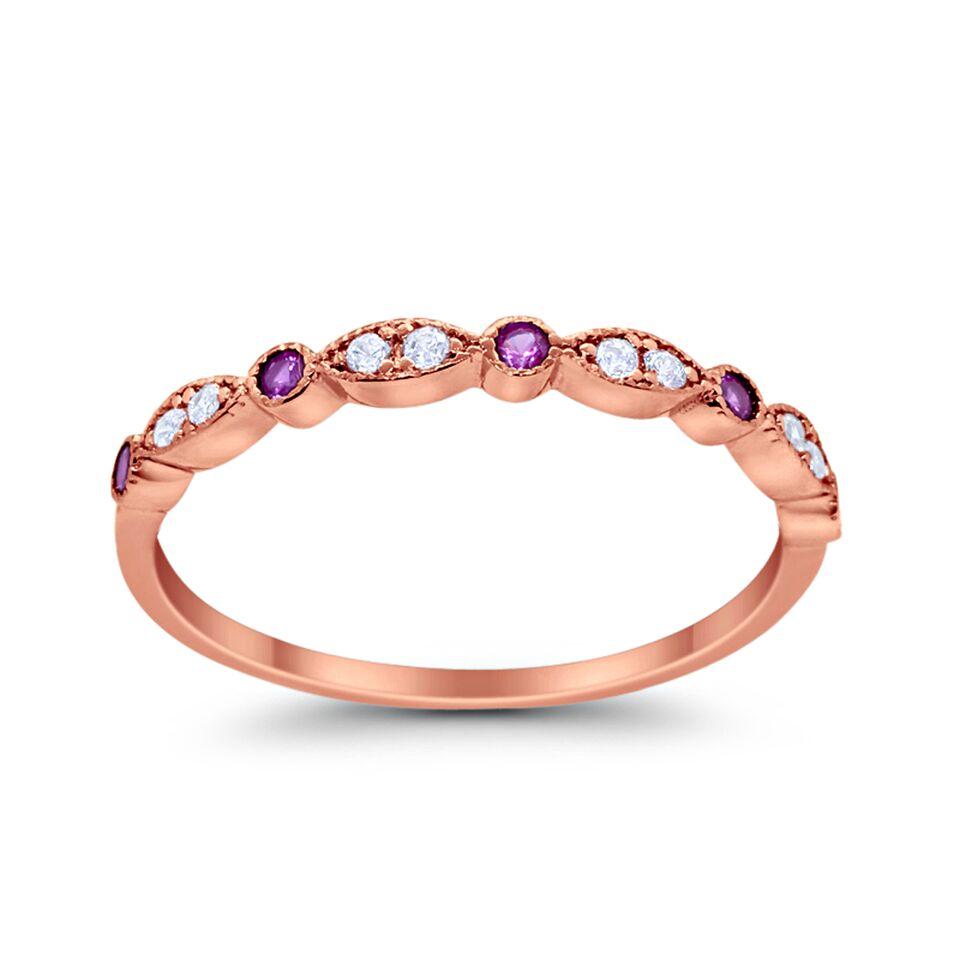 Half Eternity Wedding Band Round Rose Tone, Simulated Ruby CZ 925 Sterling Silver