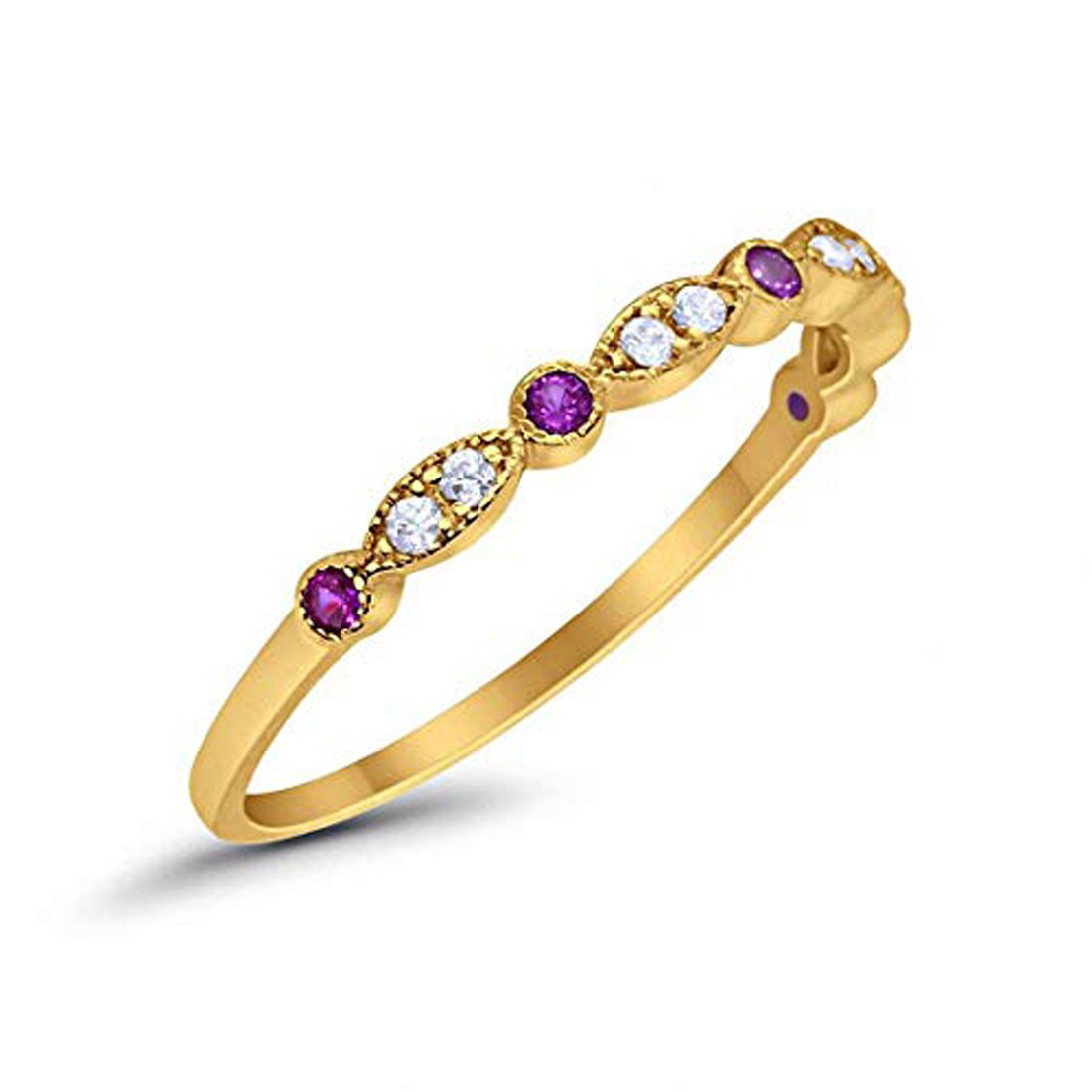 Half Eternity Wedding Band Round Yellow Tone, Simulated Amethsyt CZ 925 Sterling Silver