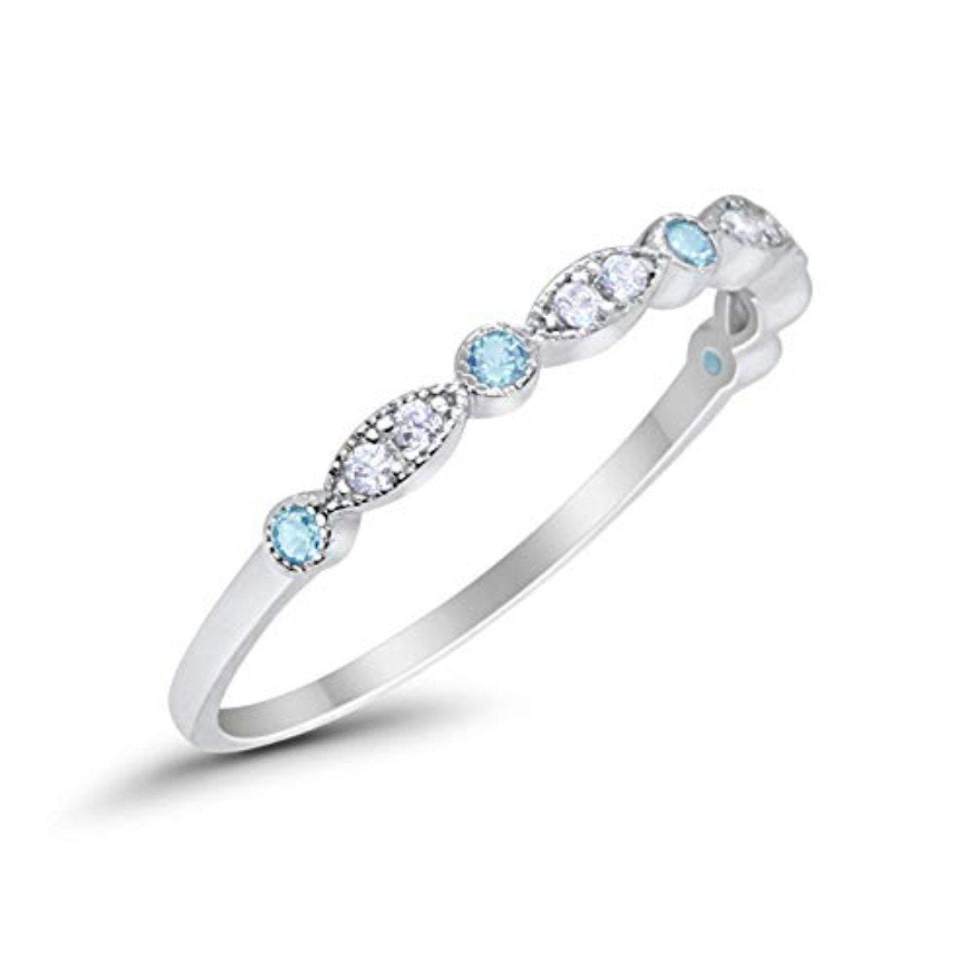 Art Deco Wedding Eternity Ring Simulated Aquamarine CZ 925 Sterling Silver