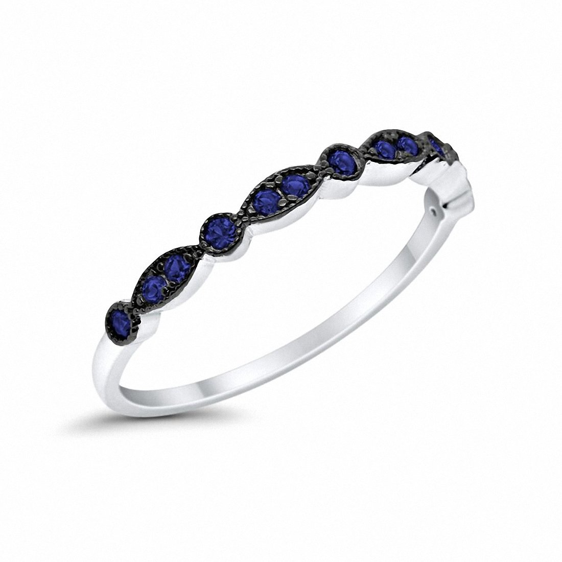 Half Eternity Wedding Band Round Simulated Blue Sapphire CZ 925 Sterling Silver