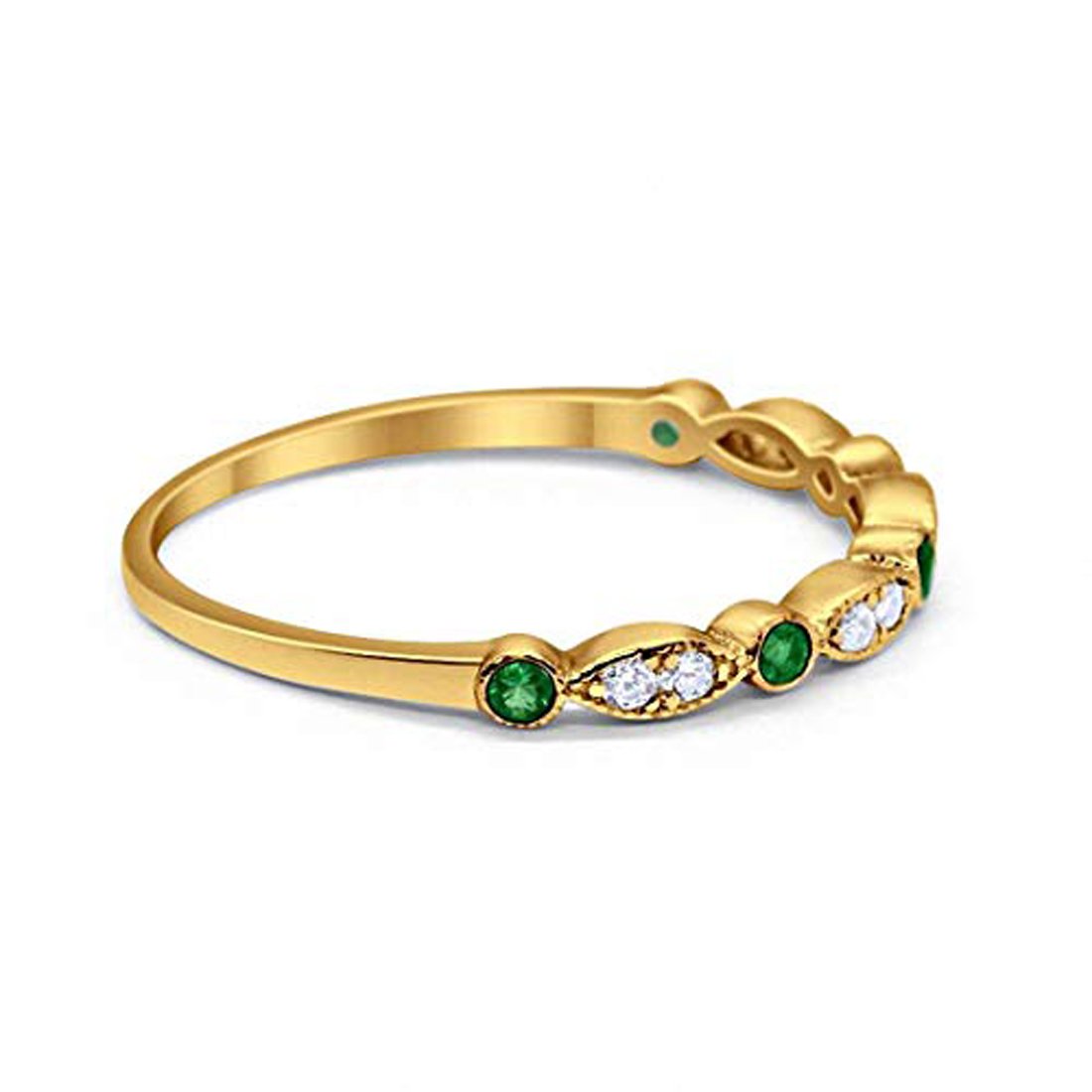 Half Eternity Wedding Band Round Yellow Tone, Simulated Green Emerald CZ 925 Sterling Silver