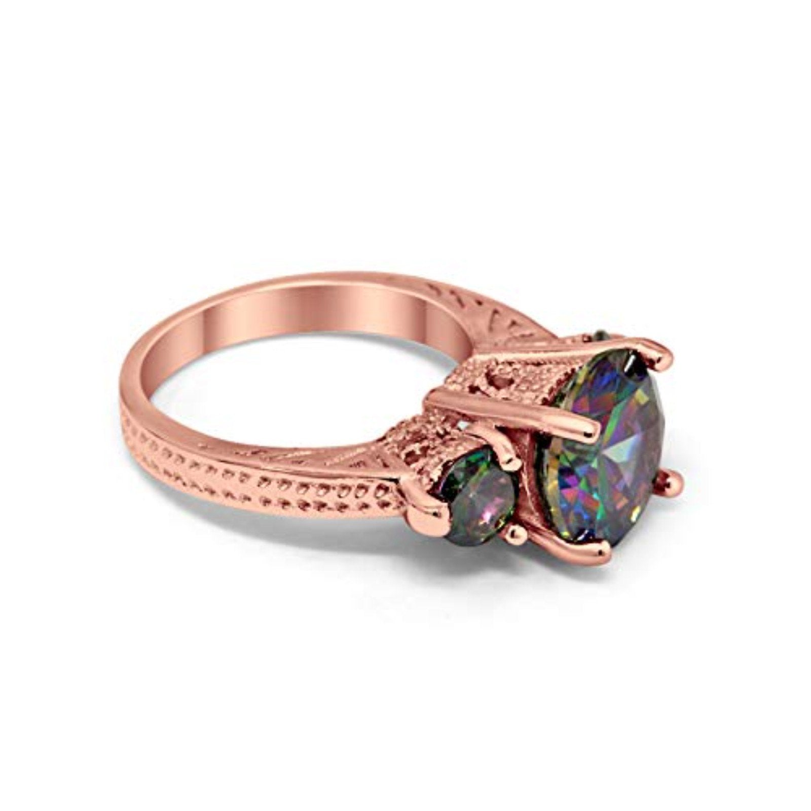 Three Stone Ring Round Rose Tone, Simulated Rainbow CZ 925 Sterling Silver