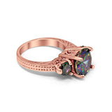 Three Stone Ring Round Rose Tone, Simulated Rainbow CZ 925 Sterling Silver