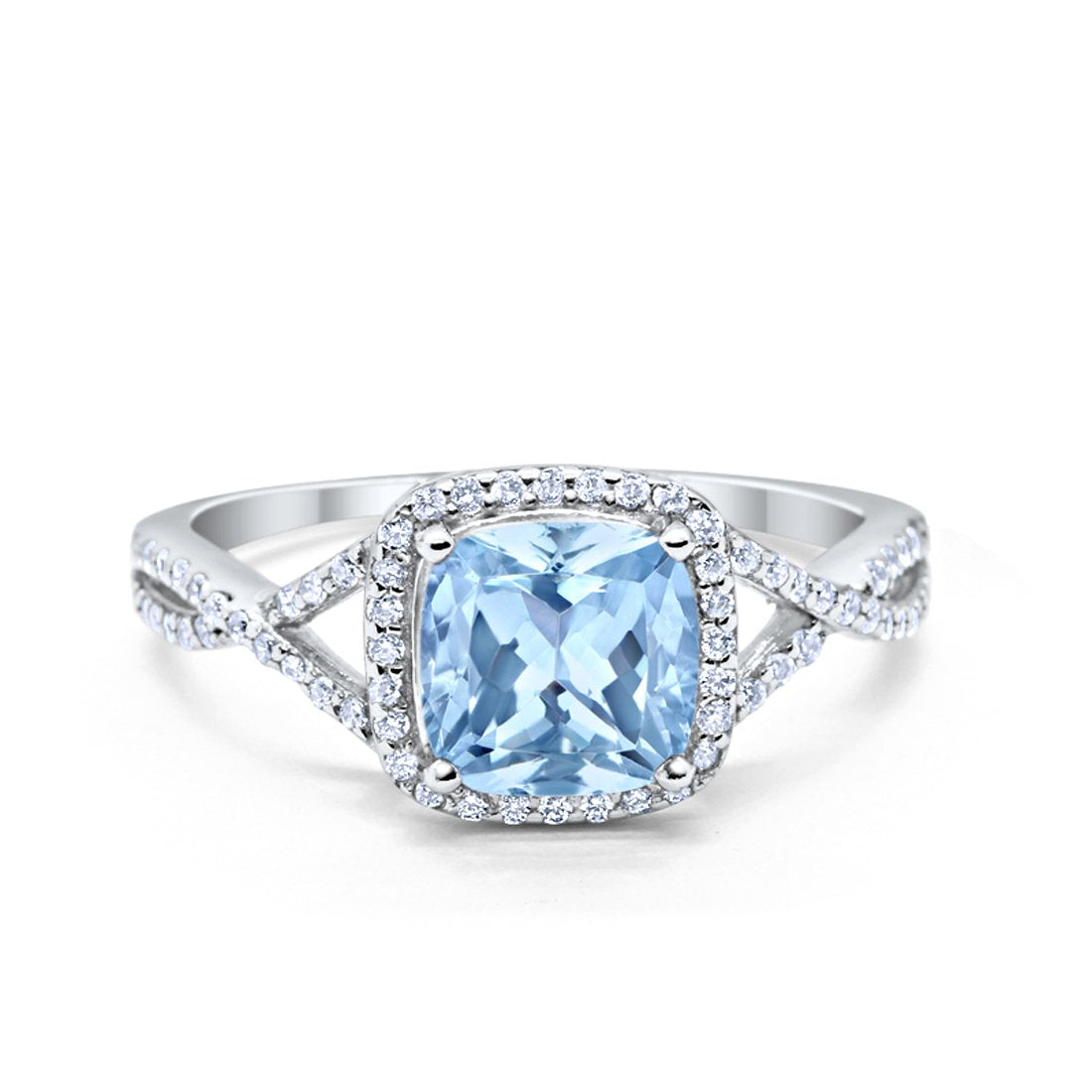 Halo Infinity Shank Engagement Ring Cushion Round Simulated Aquamarine CZ 925 Sterling Silver