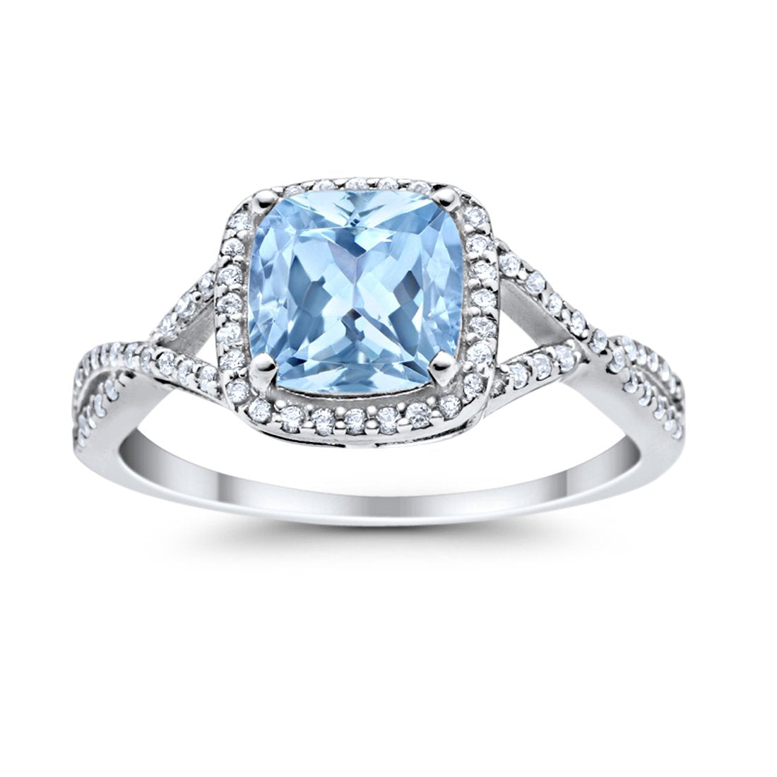 Halo Infinity Shank Engagement Ring Cushion Round Simulated Aquamarine CZ 925 Sterling Silver