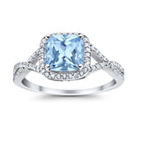 Halo Infinity Shank Engagement Ring Cushion Round Simulated Aquamarine CZ 925 Sterling Silver