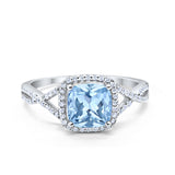 Halo Infinity Shank Engagement Ring Cushion Round Simulated Aquamarine CZ 925 Sterling Silver