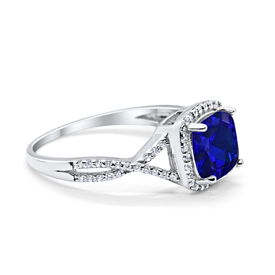 Halo Infinity Shank Engagement Ring Cushion Round Simulated Blue Sapphire CZ 925 Sterling Silver