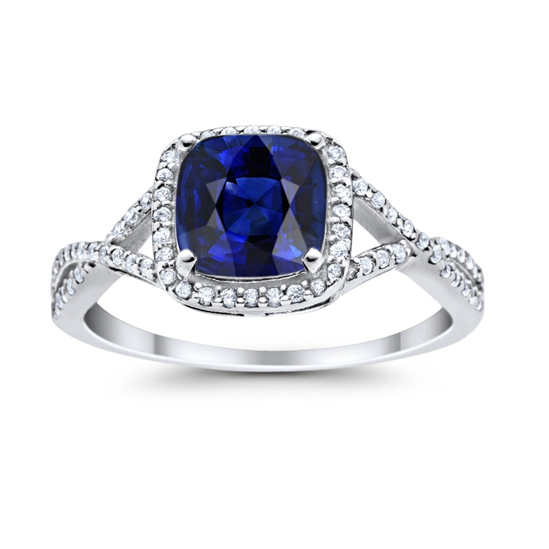 Halo Infinity Shank Engagement Ring Cushion Round Simulated Blue Sapphire CZ 925 Sterling Silver
