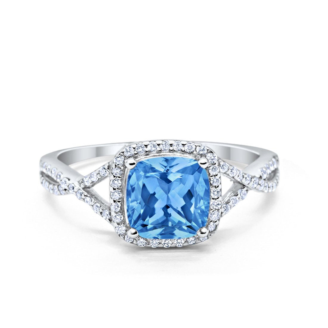 Halo Infinity Shank Engagement Ring Cushion Round Simulated Blue Topaz CZ 925 Sterling Silver