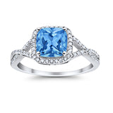 Halo Infinity Shank Engagement Ring Cushion Round Simulated Blue Topaz CZ 925 Sterling Silver