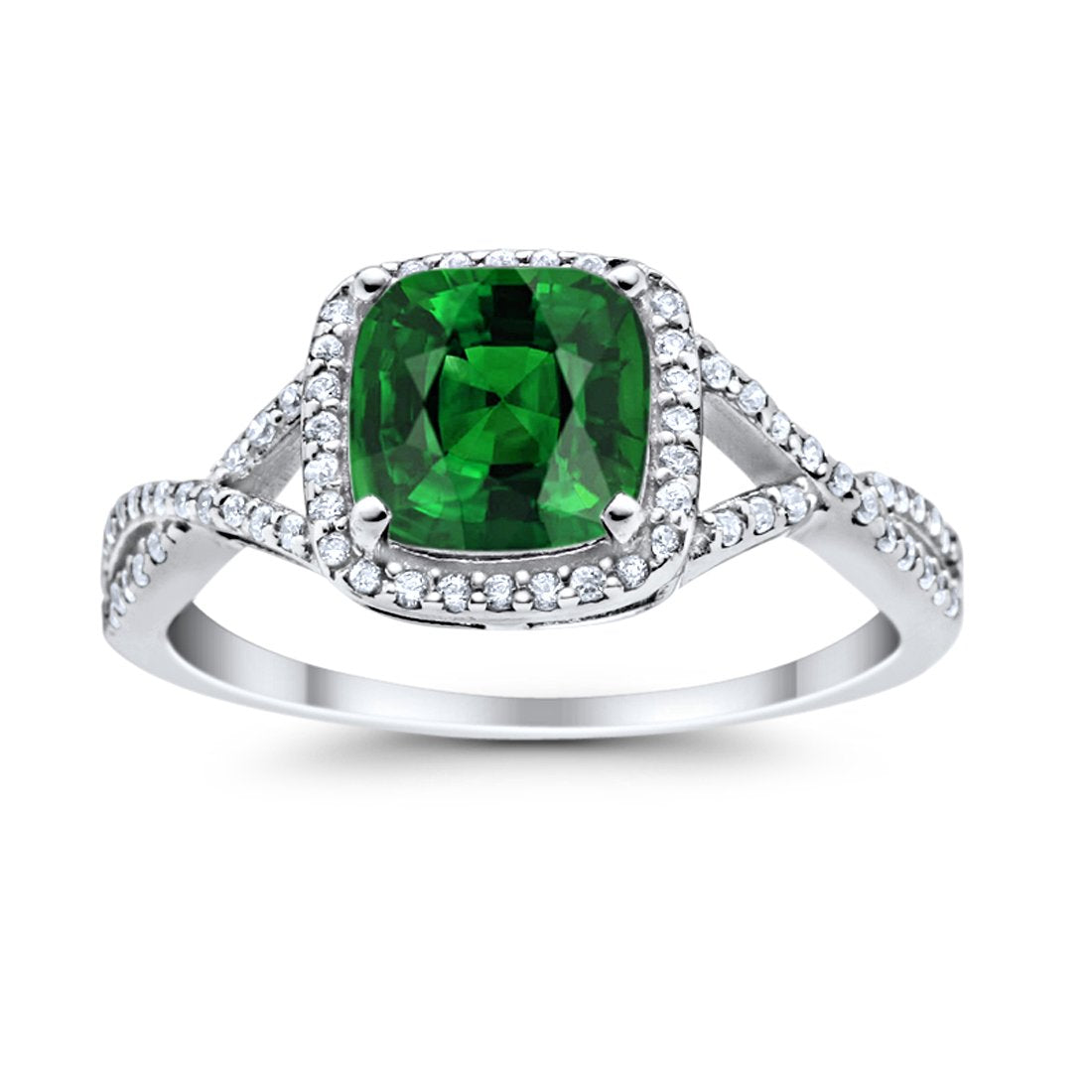 Halo Infinity Shank Engagement Ring Cushion Round Simulated Green Emerald CZ 925 Sterling Silver