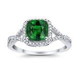 Halo Infinity Shank Engagement Ring Cushion Round Simulated Green Emerald CZ 925 Sterling Silver