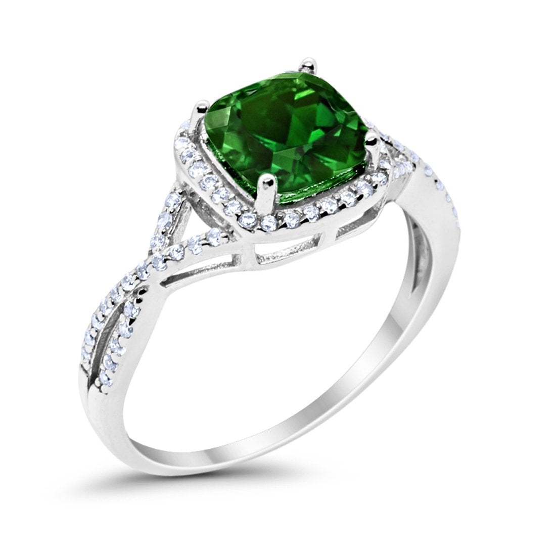 Halo Infinity Shank Engagement Ring Cushion Round Simulated Green Emerald CZ 925 Sterling Silver